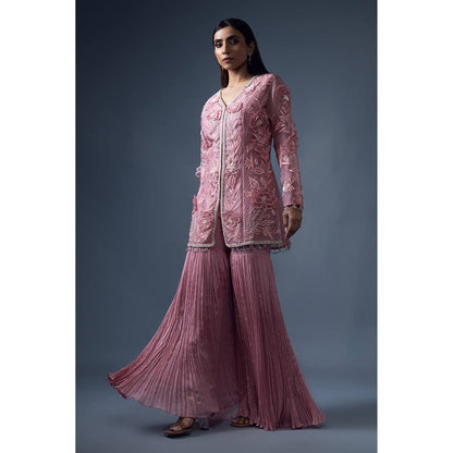 Daatri by meenakshi kakkar Peach 3D Embroidered Jacket with Roached Sharara (Set of 2)