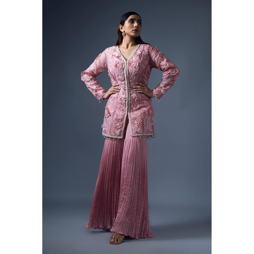 Daatri by meenakshi kakkar Peach 3D Embroidered Jacket with Roached Sharara (Set of 2)