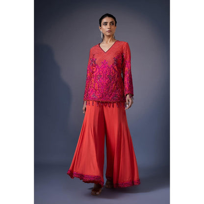 Daatri by meenakshi kakkar Orange Embroidered Top with Kali Sharara (Set of 2)