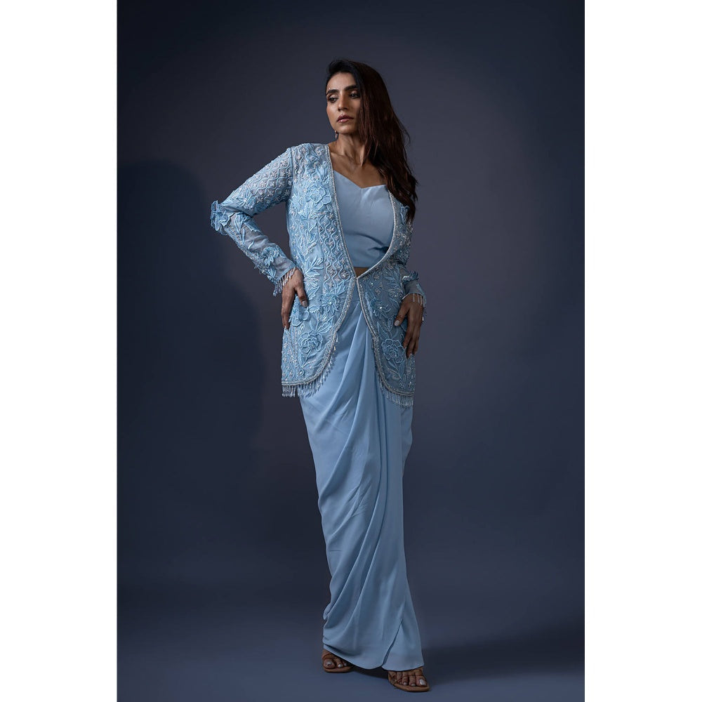 Daatri by meenakshi kakkar Blue 3D Work Jacket with Drape Skirt and Bustier (Set of 2)