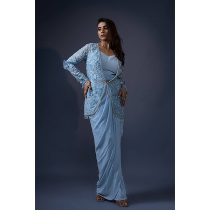 Daatri by meenakshi kakkar Blue 3D Work Jacket with Drape Skirt and Bustier (Set of 2)