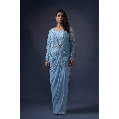 Daatri by meenakshi kakkar Blue 3D Work Jacket with Drape Skirt and Bustier (Set of 2)