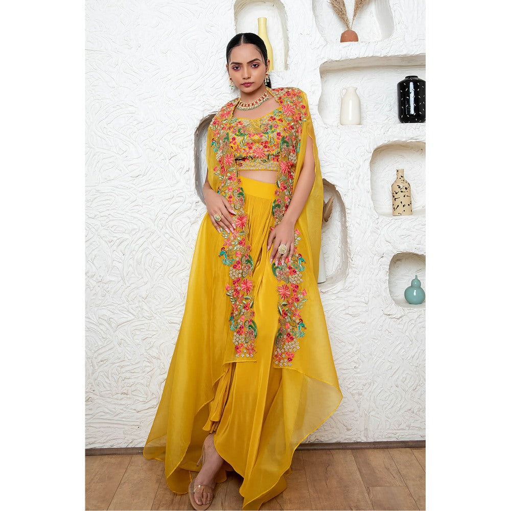 Daatri by meenakshi kakkar Yellow Drape Skirt with Blouse and Cape (Set of 3)