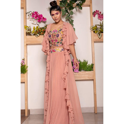 Daatri by meenakshi kakkar Peach Roached Skirt with Blouse and Ruffled Cape (Set of 3)