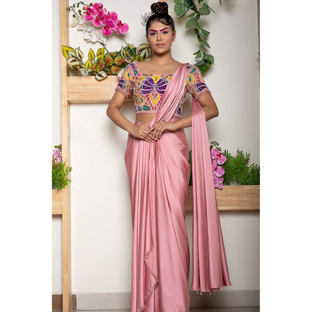 Daatri by meenakshi kakkar Pre Stitched Pink Embroidered Saree with Stitched Blouse