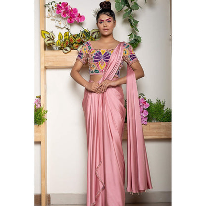 Daatri by meenakshi kakkar Pre Stitched Pink Embroidered Saree with Stitched Blouse