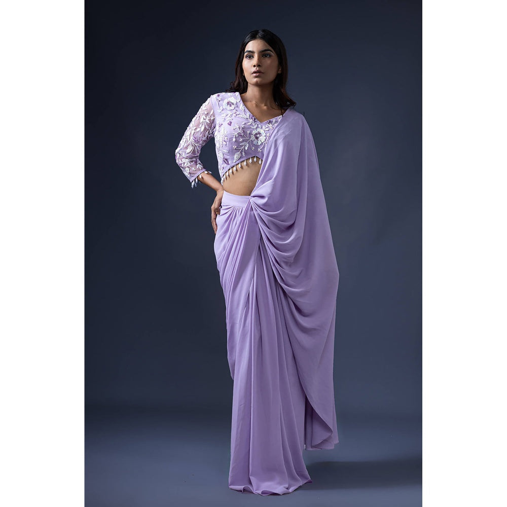 Daatri by meenakshi kakkar Pre Drape Lavender Embroidered Saree with Stitched Blouse