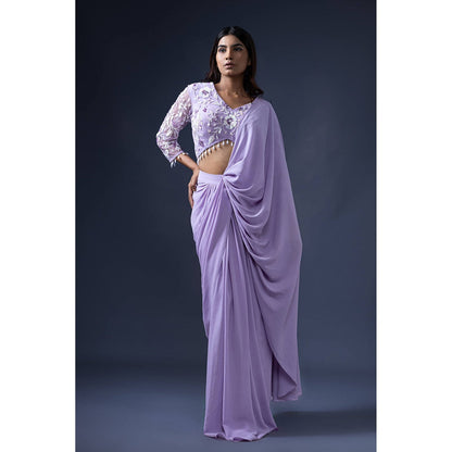 Daatri by meenakshi kakkar Pre Drape Lavender Embroidered Saree with Stitched Blouse