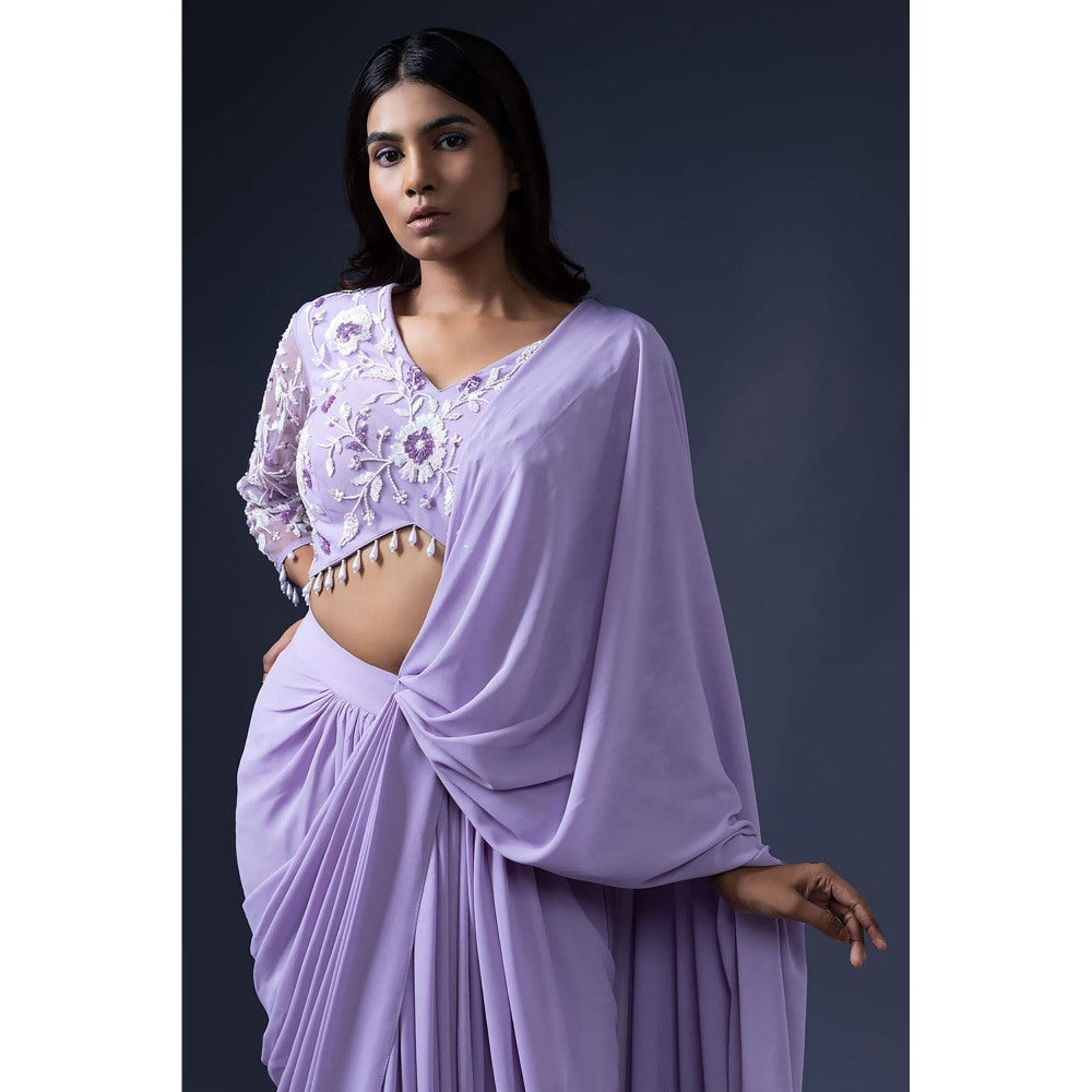 Daatri by meenakshi kakkar Pre Drape Lavender Embroidered Saree with Stitched Blouse