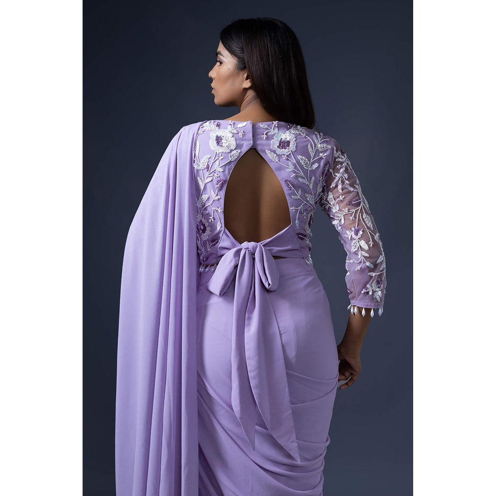 Daatri by meenakshi kakkar Pre Drape Lavender Embroidered Saree with Stitched Blouse