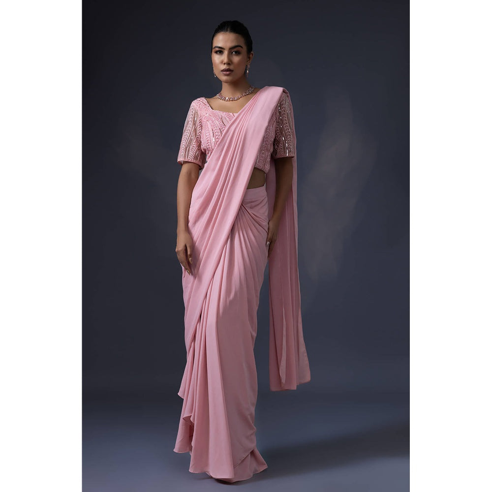 Daatri by meenakshi kakkar Pre Draped Pink Embroidered Saree with Stitched Blouse