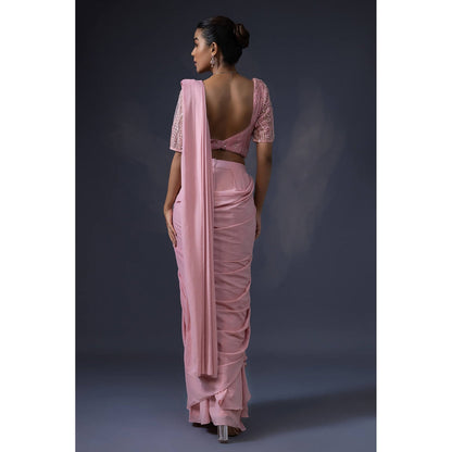 Daatri by meenakshi kakkar Pre Draped Pink Embroidered Saree with Stitched Blouse