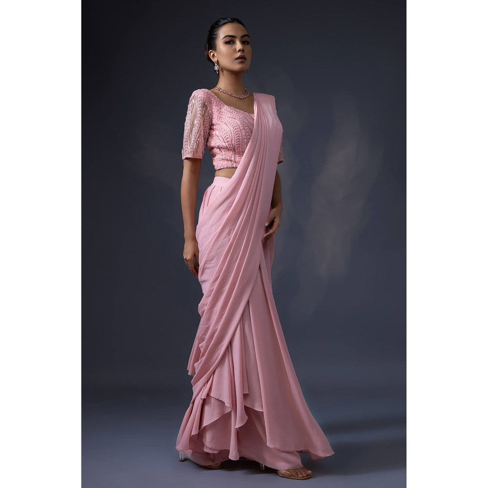 Daatri by meenakshi kakkar Pre Draped Pink Embroidered Saree with Stitched Blouse