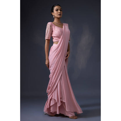 Daatri by meenakshi kakkar Pre Draped Pink Embroidered Saree with Stitched Blouse