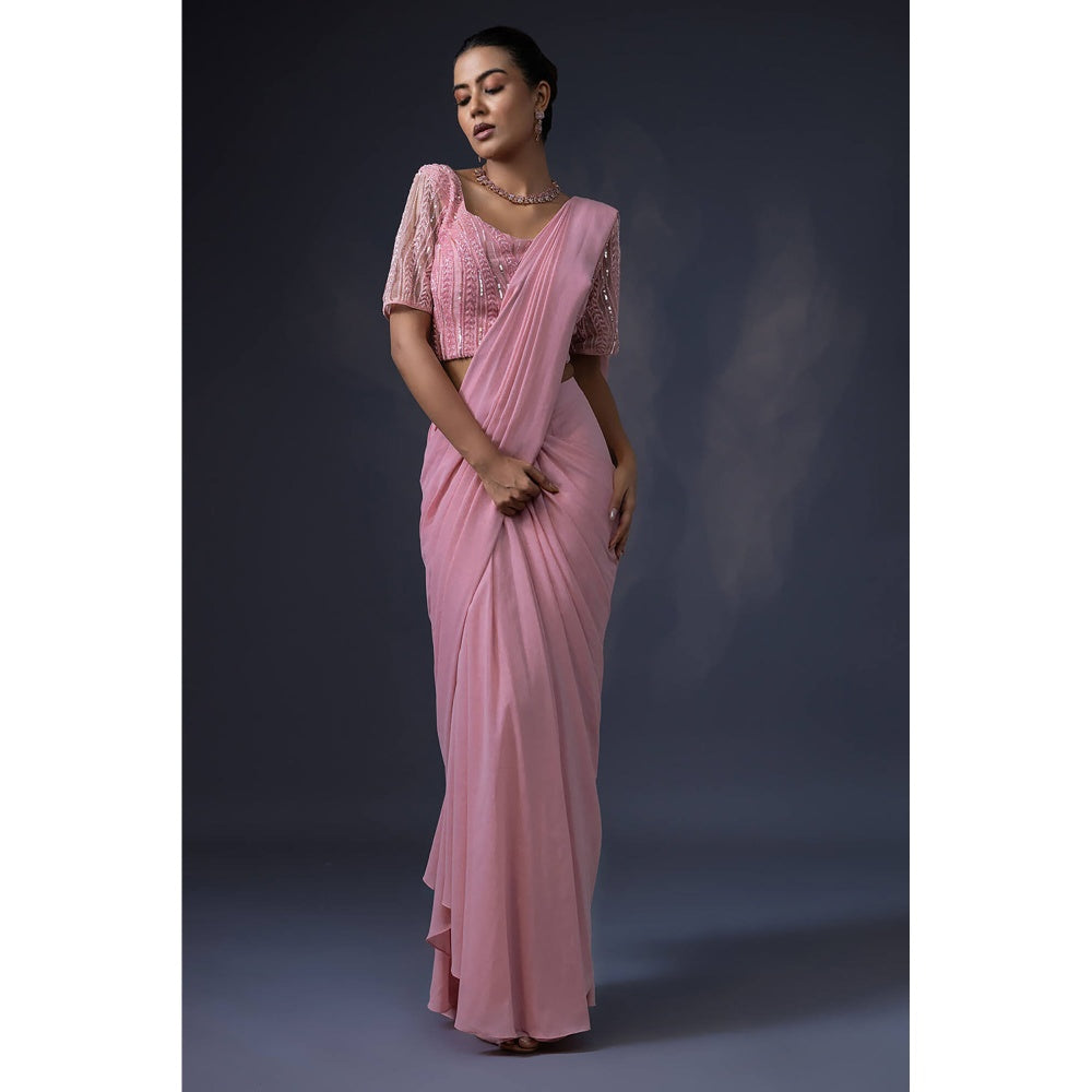 Daatri by meenakshi kakkar Pre Draped Pink Embroidered Saree with Stitched Blouse