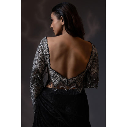 Daatri by meenakshi kakkar Embroidered Black Drape Saree with Stitched Blouse