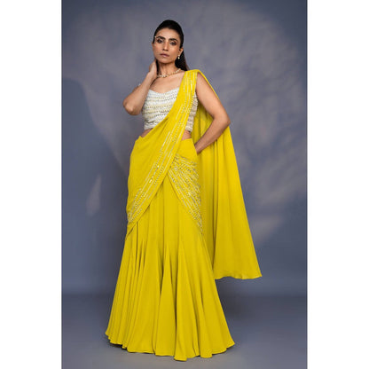 Daatri by meenakshi kakkar Pre Draped Yellow Kali Saree with Stitched Blouse