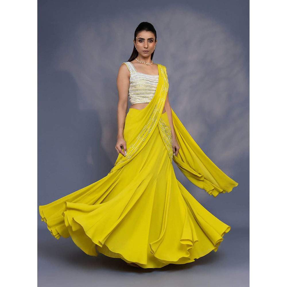 Daatri by meenakshi kakkar Pre Draped Yellow Kali Saree with Stitched Blouse