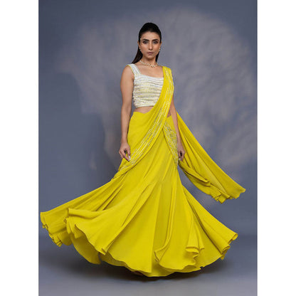 Daatri by meenakshi kakkar Pre Draped Yellow Kali Saree with Stitched Blouse