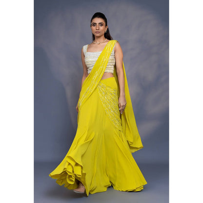 Daatri by meenakshi kakkar Pre Draped Yellow Kali Saree with Stitched Blouse