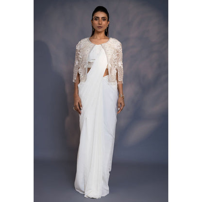 Daatri by meenakshi kakkar 3D Embroidered White Cape With Draped Saree and Stitched Blouse