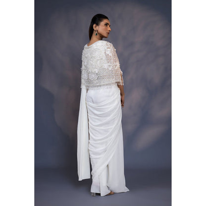Daatri by meenakshi kakkar 3D Embroidered White Cape With Draped Saree and Stitched Blouse