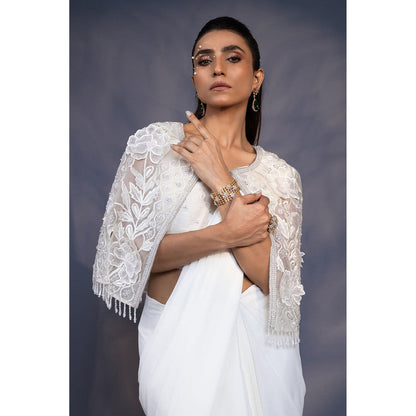 Daatri by meenakshi kakkar 3D Embroidered White Cape With Draped Saree and Stitched Blouse