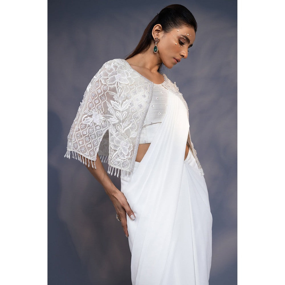 Daatri by meenakshi kakkar 3D Embroidered White Cape With Draped Saree and Stitched Blouse