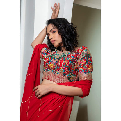 Daatri by meenakshi kakkar Red Kali Saree with Stitched Blouse