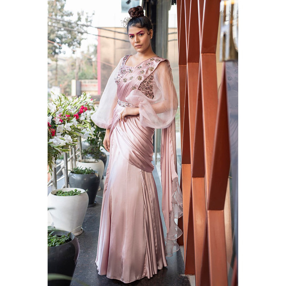 Daatri by meenakshi kakkar Pink Embroidered Pre-Drape Saree with Stitched Blouse and Belt