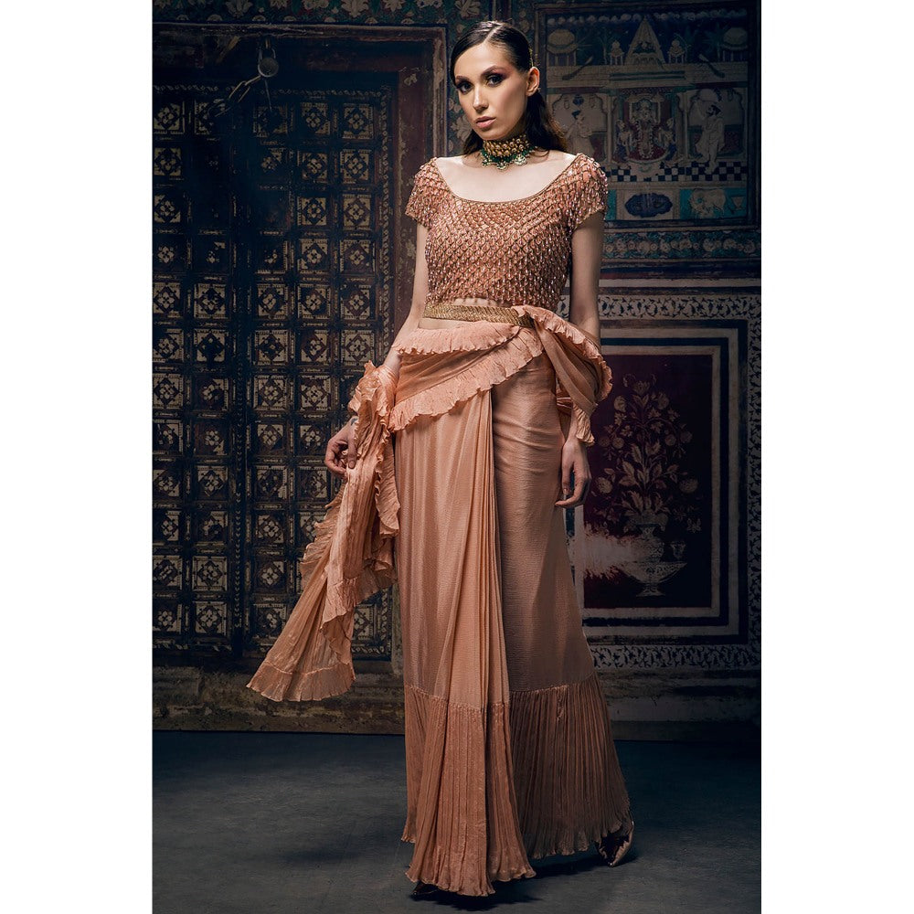 Daatri by meenakshi kakkar Peach Pre-Drape Saree with Stitched Blouse and Belt