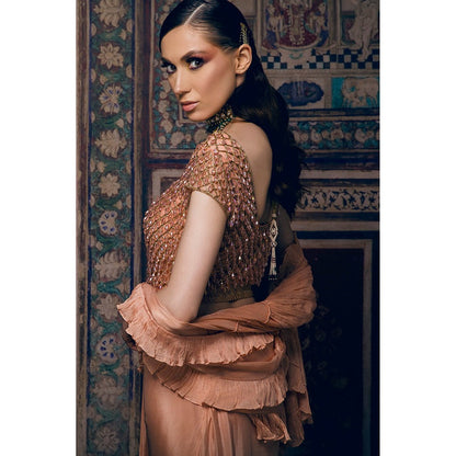 Daatri by meenakshi kakkar Peach Pre-Drape Saree with Stitched Blouse and Belt