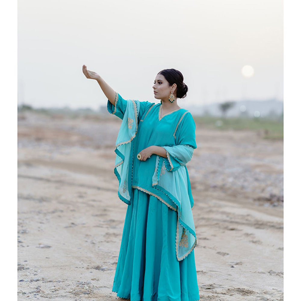 Daljit Sudan Aqua Crepe Embroidered Flowy Lehenga (Set of 3)