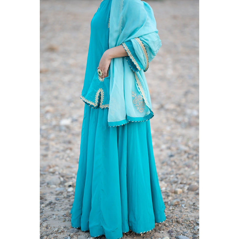 Daljit Sudan Aqua Crepe Embroidered Flowy Lehenga (Set of 3)