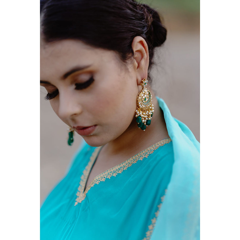 Daljit Sudan Aqua Crepe Embroidered Flowy Lehenga (Set of 3)