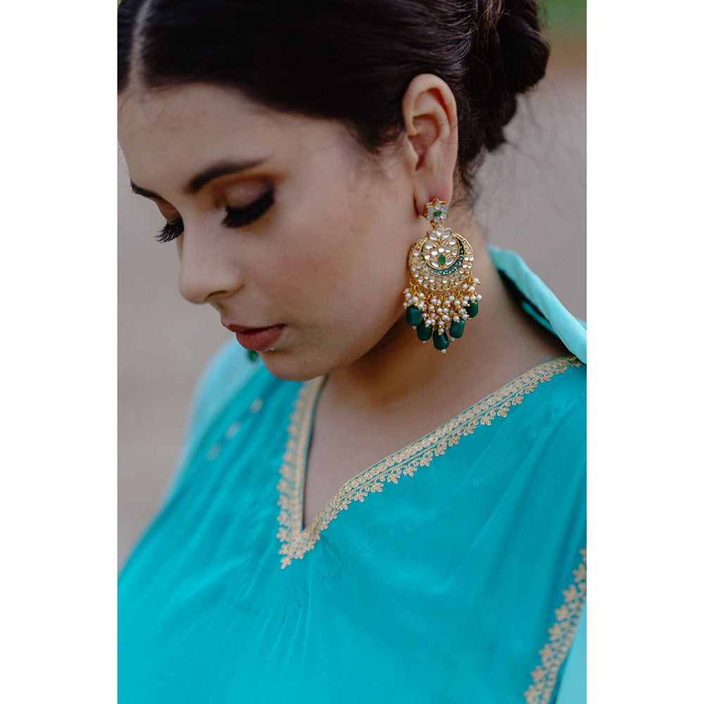 Daljit Sudan Aqua Crepe Embroidered Flowy Lehenga (Set of 3)