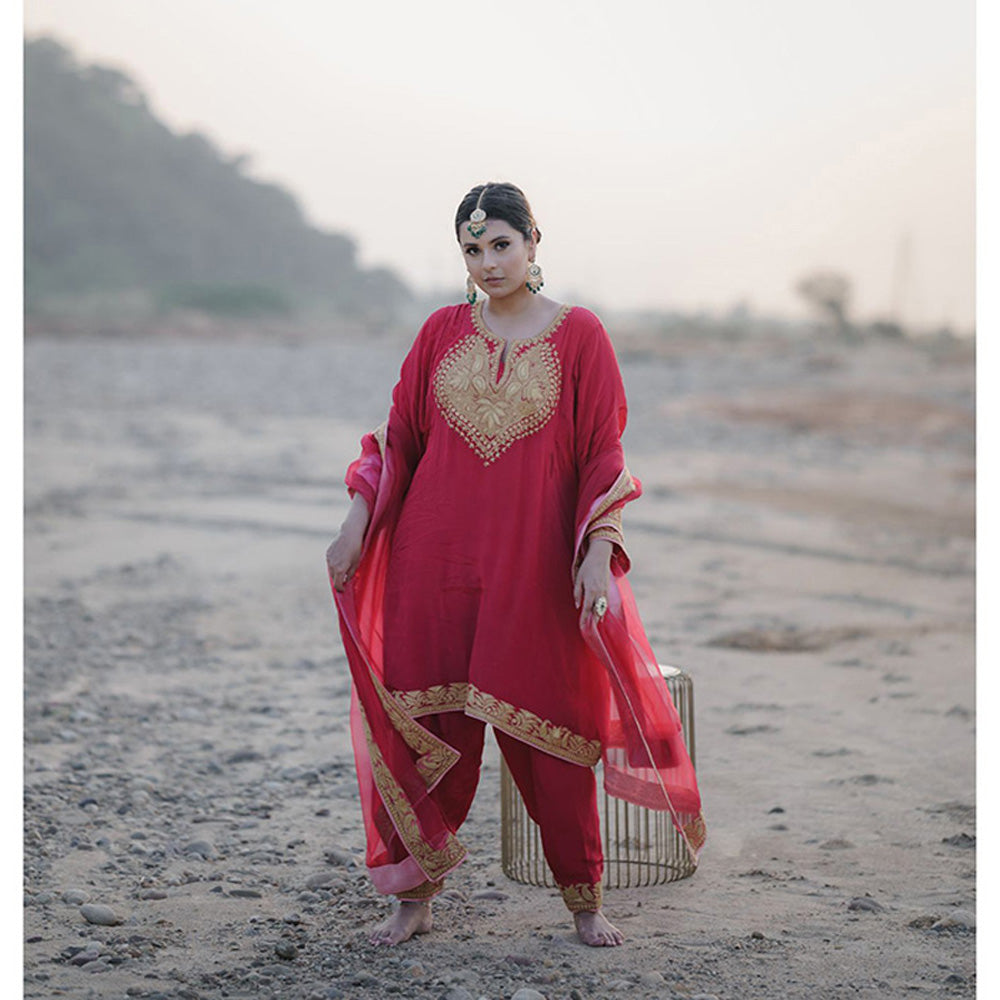 Daljit Sudan Deep Pink Tilla Phiran Suit (Set of 3)