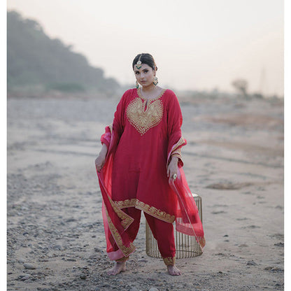 Daljit Sudan Deep Pink Tilla Phiran Suit (Set of 3)