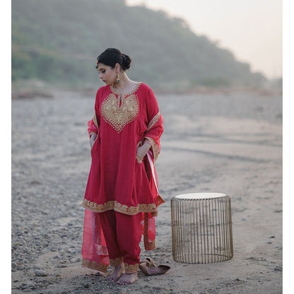 Daljit Sudan Deep Pink Tilla Phiran Suit (Set of 3)