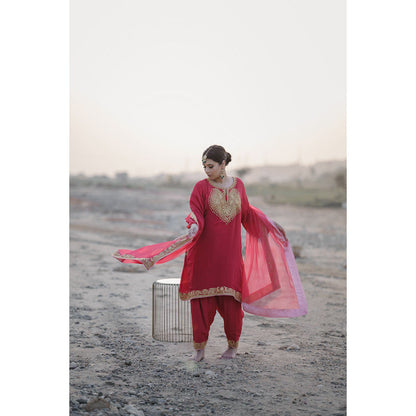 Daljit Sudan Deep Pink Tilla Phiran Suit (Set of 3)
