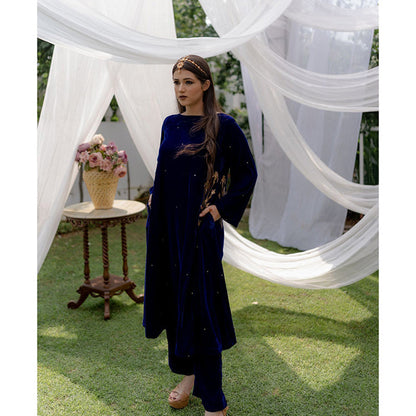 Daljit Sudan Royal Blue Velvet Peacock Pocket Kurta (Set of 2)