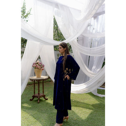 Daljit Sudan Royal Blue Velvet Peacock Pocket Kurta (Set of 2)