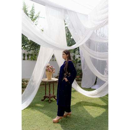 Daljit Sudan Royal Blue Velvet Peacock Pocket Kurta (Set of 2)