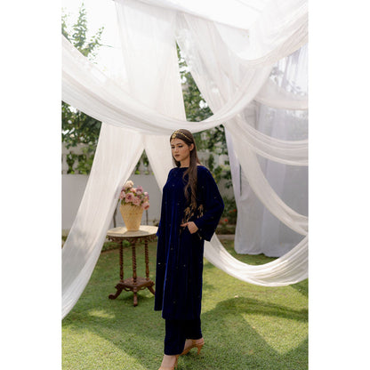 Daljit Sudan Royal Blue Velvet Peacock Pocket Kurta (Set of 2)