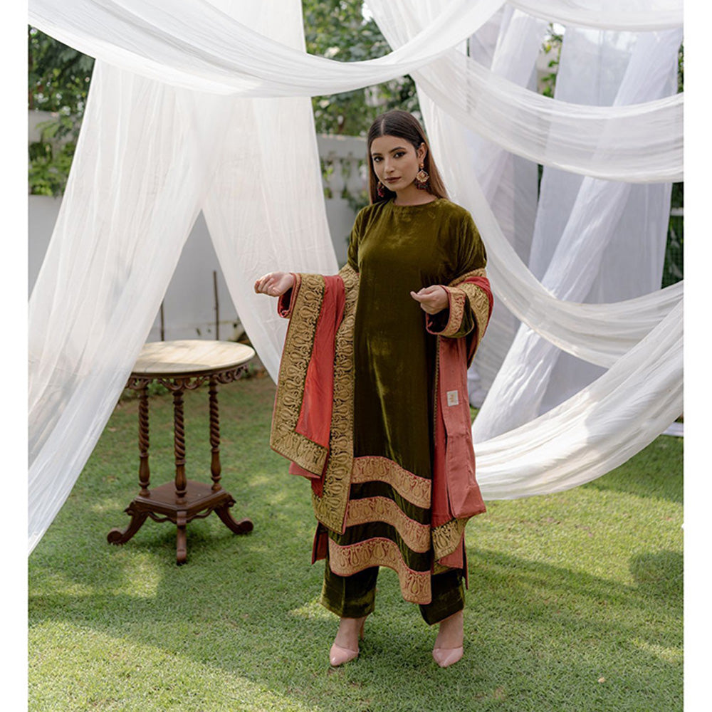 Daljit Sudan Olive Green Velvet Stripes Tilla Suit (Set of 3)