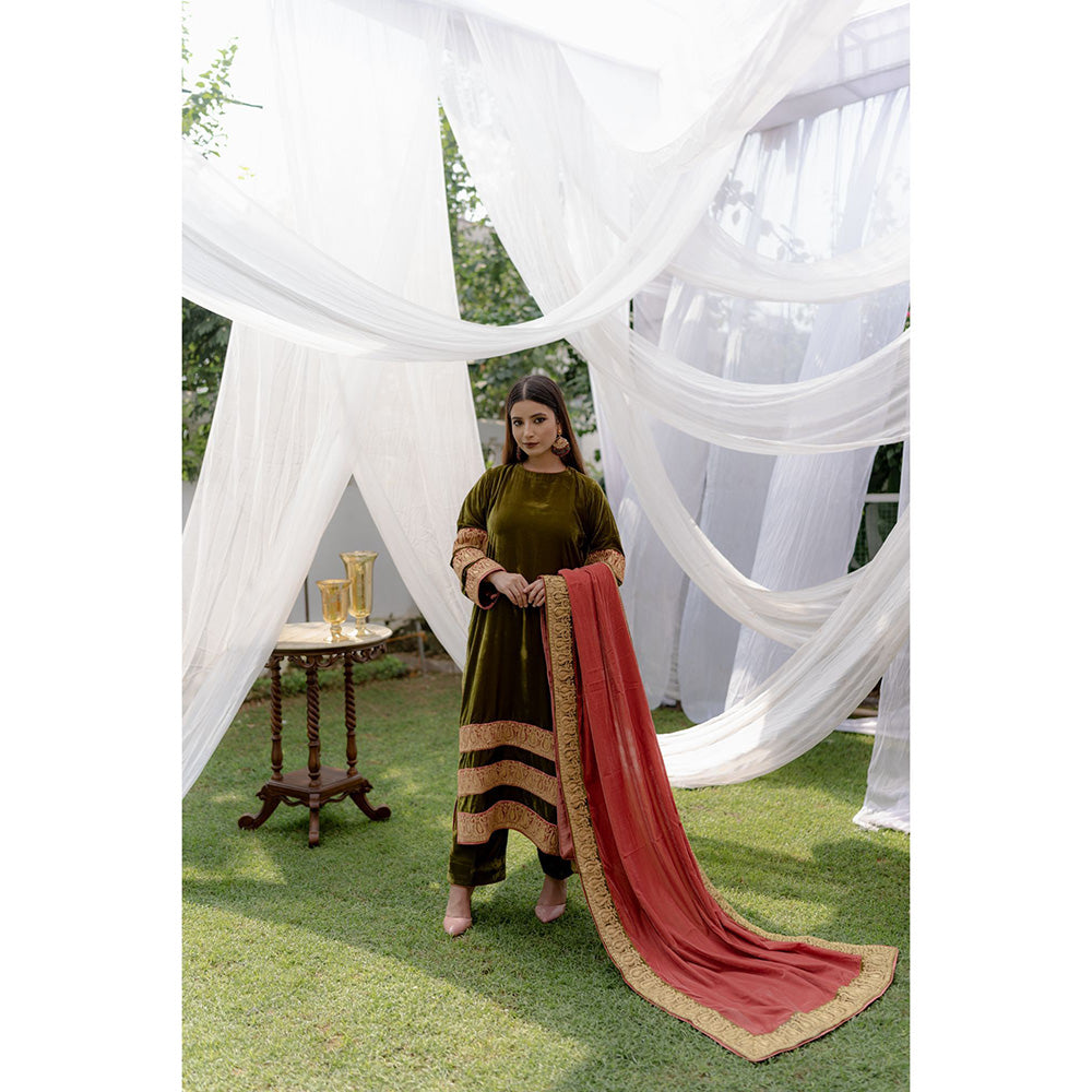 Daljit Sudan Olive Green Velvet Stripes Tilla Suit (Set of 3)