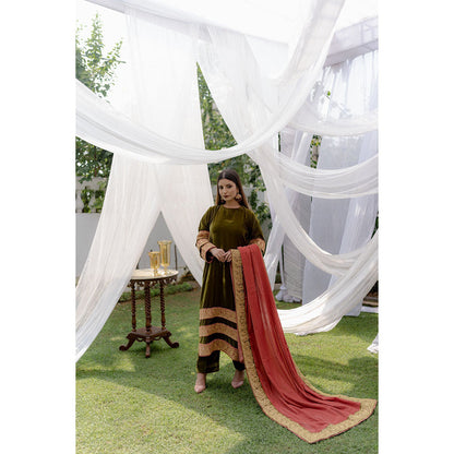 Daljit Sudan Olive Green Velvet Stripes Tilla Suit (Set of 3)