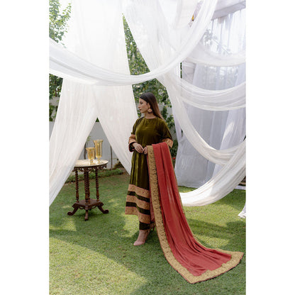 Daljit Sudan Olive Green Velvet Stripes Tilla Suit (Set of 3)