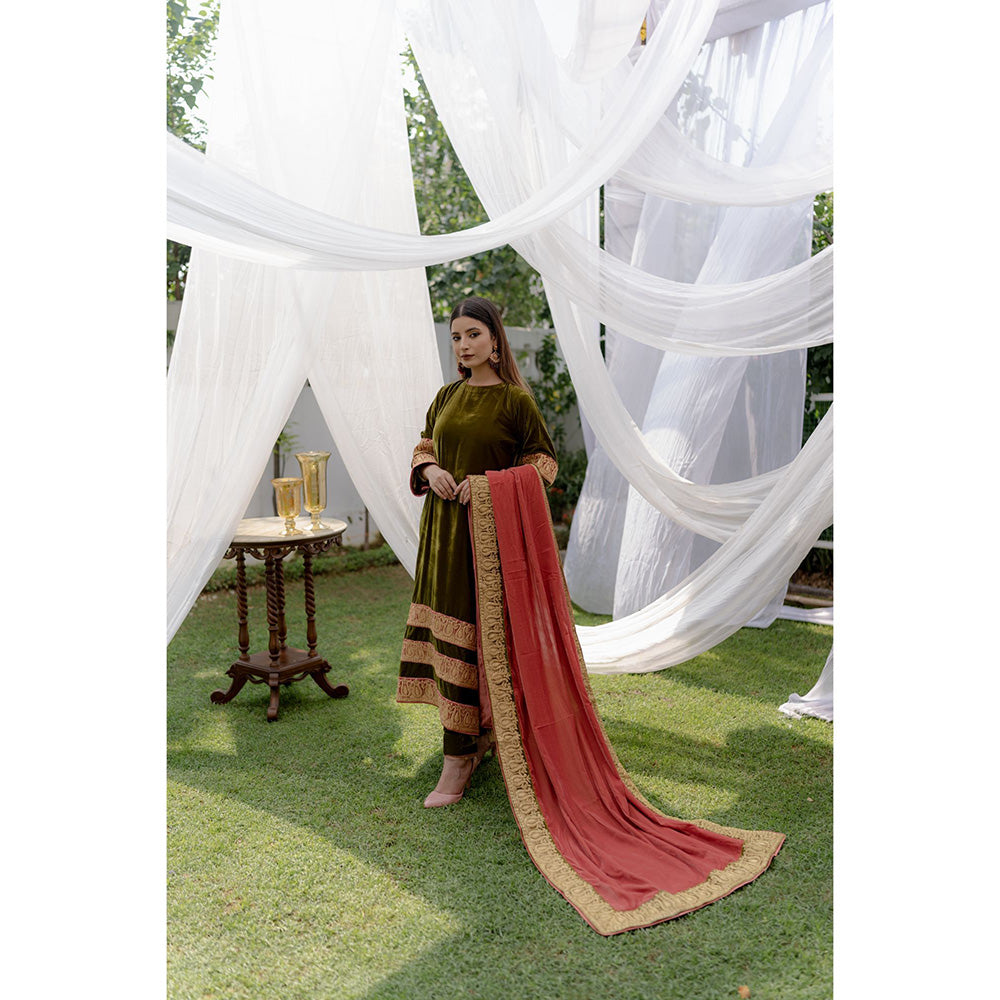 Daljit Sudan Olive Green Velvet Stripes Tilla Suit (Set of 3)