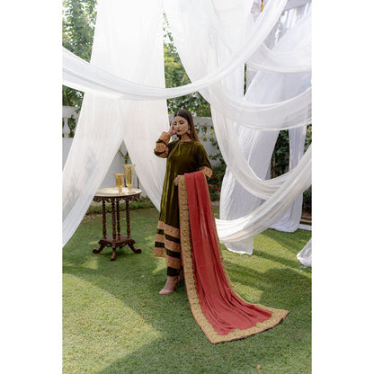 Daljit Sudan Olive Green Velvet Stripes Tilla Suit (Set of 3)